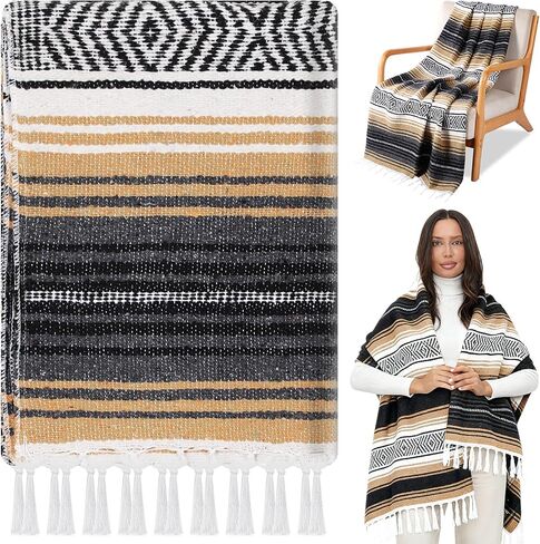 Oudain 1 Pack Mexican Blankets and Throws 45 x 70 Inch, Cotton Outdoor Camping Cozy Baja Blanket Woven Serape Restorative Yoga Fiesta Fall Autumn Essential Supplies (Boho Green Mix) in Saudi Arabia