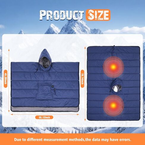 Preboun Heated Blanket Battery Operated 3-temp Thermal Poncho Sleeping Bag Winter Wearable Hooded Water Resistant Cloak Cape with Portable Sack for Men Women Outdoor Sport Backpacking Hiking Hunting in Saudi Arabia