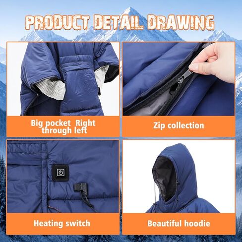 Preboun Heated Blanket Battery Operated 3-temp Thermal Poncho Sleeping Bag Winter Wearable Hooded Water Resistant Cloak Cape with Portable Sack for Men Women Outdoor Sport Backpacking Hiking Hunting in Saudi Arabia