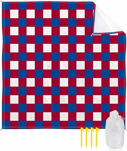 Independence Day Beach Blanket Waterproof Sandproof, July 4th Quick Drying Beach Mat with 4 Stakes, Cute Blue Red Plaid Lightweight Picnic Blanket for Travel Camping Outdoor 108"x84" in Saudi Arabia