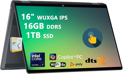 لاب توب اتش بي اومني بوك اكس فليب 2 في 1 | 16 بوصة WUXGA IPS Touch | معالج Intel 8-Core Ultra 7 256V | 16 جيجابايت DDR5 1 تيرابايت SSD | Copilot+ AI PC لمصمم الأعمال الاحترافي Win11 مع ملحق DLCA in Kuwait