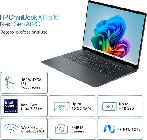 لاب توب اتش بي اومني بوك اكس فليب 2 في 1 | 16 بوصة WUXGA IPS Touch | معالج Intel 8-Core Ultra 7 256V | 16 جيجابايت DDR5 1 تيرابايت SSD | Copilot+ AI PC لمصمم الأعمال الاحترافي Win11 مع ملحق DLCA in Kuwait