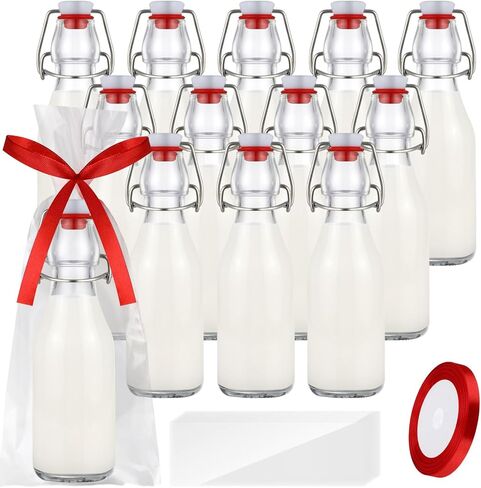 12 Pcs Christmas Coquito Swing Top Glass Bottles 8.5 oz Round Flip Top Brewing Bottles with Pine Needle Stickers for Home Brewing Liqueur DIY Wedding Christmas Gifts Party Favors in Saudi Arabia