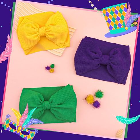 YanJie 7’’ 3PCS Mardi Gras Headband for Baby Girls Purple Hair Bows for Infant Toddler Carnival Accessories Green Headbands Yellow Baby Bow in Saudi Arabia