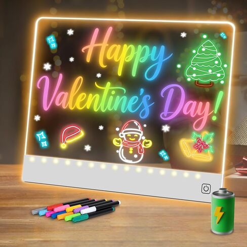 LED Note Board with 7 Colors, Rechargeable Doodle Led Drawing Board for Kids, Light Up Acrylic Dry Erase Lumi Board with Invisible Stand, Glow Memo Message Board for Gifts Toys (13.7"X10") in Kuwait