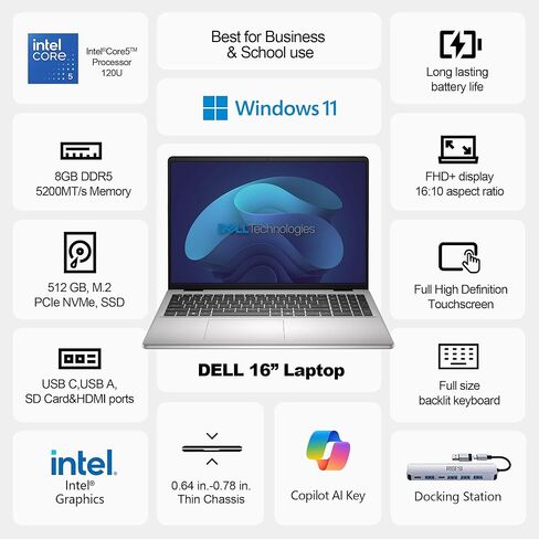 لاب توب ديل بشاشة لمس 16 بوصة 2K - انتل كور 5 120U، ذاكرة الوصول العشوائي 16 جيجا، 512 جيجا اس اس دي، شاشة 16:10، لوحة مفاتيح بإضاءة خلفية، ويندوز 11 برو - فضي بلاتيني in Kuwait