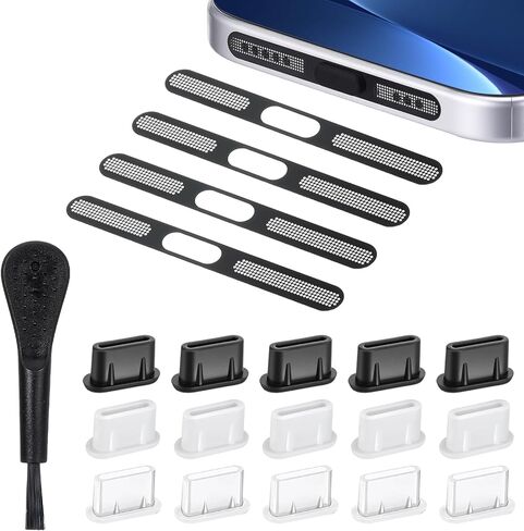 15 حزمة من قابس الغبار USB C، 4 قطع ملصق شبكي مقاوم للغبار، قابس غبار من النوع C، غطاء غبار لمكبر صوت الهاتف، غطاء حماية مضاد للغبار مع فرشاة نظيفة عالمية لجميع الهواتف in Kuwait