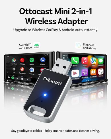 محول OTTOCAST Mini Edge 2026 2 في 1 اللاسلكي CarPlay ومحول Android Auto اللاسلكي، هيكل من الألومنيوم، عبور GPS، إعادة الاتصال التلقائي، التوصيل والتشغيل لأجهزة iPhone وAndroid in Kuwait