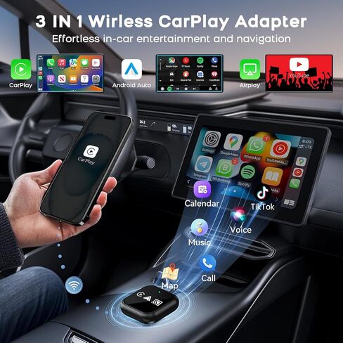 2026 ترقية 3 في 1 شاشة مرآة هاتف iOS، سلكي إلى محول CarPlay اللاسلكي وAndroid Auto، 5.0 جيجا هرتز بلوتوث 5.4 دونجل لـ OEM CarPlay السلكية (ليس لـ Netflix) in Kuwait