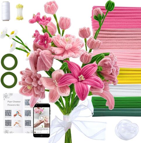 LENYNAL 500 Pcs Pipe Cleaners Craft Bulk, Pink Pipe Cleaner Flower Kit, Glue-Free & Safe for Kids, Step-by-Step Tutorial, 6 Colors Chenille Stems for Flower Making in Kuwait