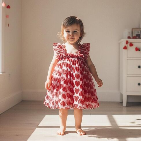 Toddler Baby Girl Valentines Day Tutu Dress Red Heart Print Sequin Embellishments Tulle Dress with Ruffled Straps in Saudi Arabia