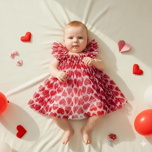 Toddler Baby Girl Valentines Day Tutu Dress Red Heart Print Sequin Embellishments Tulle Dress with Ruffled Straps in Saudi Arabia