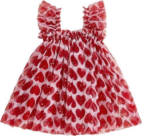 Toddler Baby Girl Valentines Day Tutu Dress Red Heart Print Sequin Embellishments Tulle Dress with Ruffled Straps in Saudi Arabia