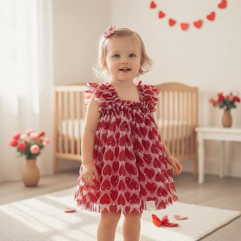 Toddler Baby Girl Valentines Day Tutu Dress Red Heart Print Sequin Embellishments Tulle Dress with Ruffled Straps in Saudi Arabia