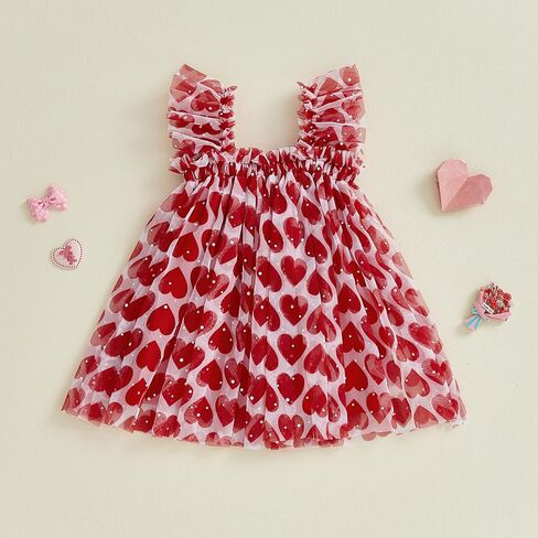 Toddler Baby Girl Valentines Day Tutu Dress Red Heart Print Sequin Embellishments Tulle Dress with Ruffled Straps in Saudi Arabia