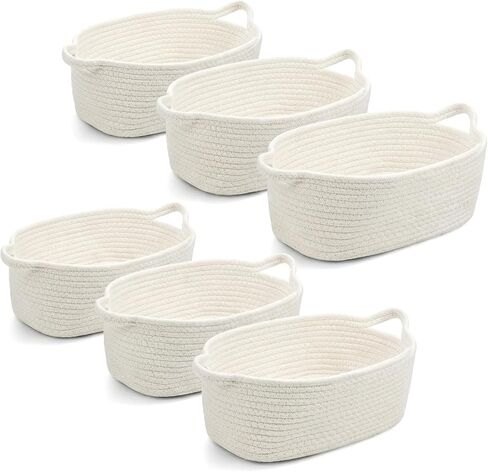 6Pcs Small White Woven Basket 12"x 8"x 5" Valentines Empty Gift Basket,Oval Cotton Rope Storage Organizer with Handles, Decorative Dog Cat Baskets for Nursery, Bedroom, Living Room in Saudi Arabia