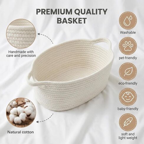 6Pcs Small White Woven Basket 12"x 8"x 5" Valentines Empty Gift Basket,Oval Cotton Rope Storage Organizer with Handles, Decorative Dog Cat Baskets for Nursery, Bedroom, Living Room in Saudi Arabia