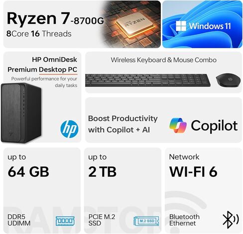 سطح المكتب البرجي HP OmniDesk M02 للمحترفين، أداء AMD Ryzen 7 8700G للإنتاجية وتعدد المهام، ذاكرة وصول عشوائي DDR5 سعة 64 جيجابايت، SSD 2 تيرابايت، W11P، لوحة المفاتيح اللاسلكية & M، حزمة مع محرك أقراص فلاش USB ADATA بسعة 64 جيجابايت in Kuwait