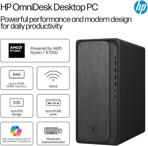 سطح المكتب البرجي HP OmniDesk M02 للمحترفين، أداء AMD Ryzen 7 8700G للإنتاجية وتعدد المهام، ذاكرة وصول عشوائي DDR5 سعة 64 جيجابايت، SSD 2 تيرابايت، W11P، لوحة المفاتيح اللاسلكية & M، حزمة مع محرك أقراص فلاش USB ADATA بسعة 64 جيجابايت in Kuwait
