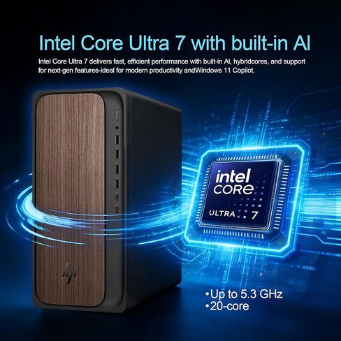 كمبيوتر HP OmniDesk المكتبي - Intel Core Ultra 7 265، 16 جيجابايت DDR5 1 تيرابايت SSD، تصميم خشبي داكن أنيق، أداء جاهز للذكاء الاصطناعي، Windows 11 Pro مع محطة إرساء in Kuwait