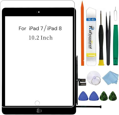 لجهاز iPad 7/8 (الجيل السابع) الثامن) زجاج بديل للشاشة يعمل باللمس، لجهاز iPad 10.2 بوصة A2197 A2200 A2270 A2428، لاصق مثبت مسبقًا، مع زر الصفحة الرئيسية، وواقي ومجموعة إصلاح كاملة - أسود in Kuwait