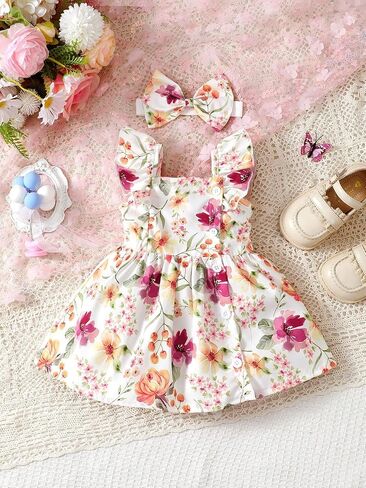 Baby Girl Floral Sundress Ruffle Strap Button Front Dress with Matching Bow Headband Cute Outfit Set in Saudi Arabia