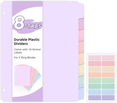 SKYDUE Durable Plastic 8-Tab Dividers, Big Tab Dividers for 3 Ring Binder, Write&Erase 3 Ring Binder Dividers with Tabs,with Sticker Labels, 1 Set, Pastel Color in Saudi Arabia