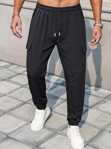 Men's Jogger Long Pants with Drawstring, 1-Pack Athletic Casual Sweatpants for Running Streetwear Blac in Saudi Arabia