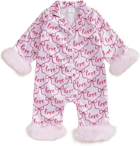 Kuriozud Baby Girl Valentines Day Satin Silk Pajamas Long Sleeve Button Down Sleepwear Romper Baby Valentines Nightgown Pjs in Saudi Arabia