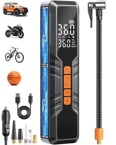 ضاغط هواء محمول منفاخ الإطارات، مضخة هواء لاسلكية 150 رطل لكل بوصة مربعة لإطارات السيارات مع إيقاف تلقائي، ضوء LED ومقياس ضغط رقمي، مضخة إطارات الدراجة الكهربائية للسيارات والدراجة والدراجات النارية والكرة in Kuwait
