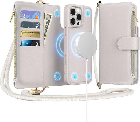 for iPhone 15 Pro Max(6.7 inches) Magnetic Wallet Case with Crossbody.Compatible with Magsafe Detachable Wallet Case with Card Holder.Multi-Function 2 in 1 flip Shoulder Strap with Zipper Case in Saudi Arabia