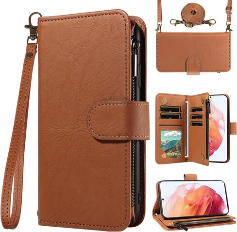 for Samsung Galaxy S21 5G 6.2 inch Wallet Phone Case with Crossbody Lanyard Strap Faux Leather Card Holder Slot Stand Kickstand Men Women Flip Cell Cover for S 21 21S G5 Brown in Saudi Arabia