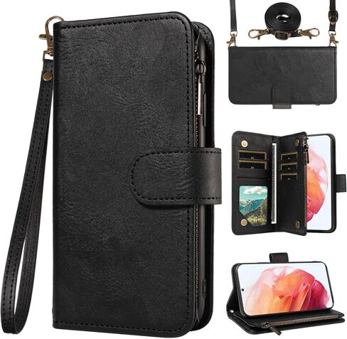 for Samsung Galaxy S21 5G 6.2 inch Wallet Phone Case with Crossbody Lanyard Strap Faux Leather Card Holder Slot Stand Kickstand Men Women Flip Cell Cover for S 21 21S G5 Brown in Saudi Arabia
