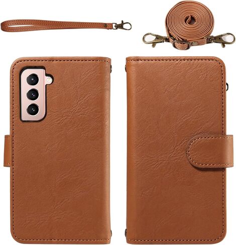 for Samsung Galaxy S21 5G 6.2 inch Wallet Phone Case with Crossbody Lanyard Strap Faux Leather Card Holder Slot Stand Kickstand Men Women Flip Cell Cover for S 21 21S G5 Brown in Saudi Arabia