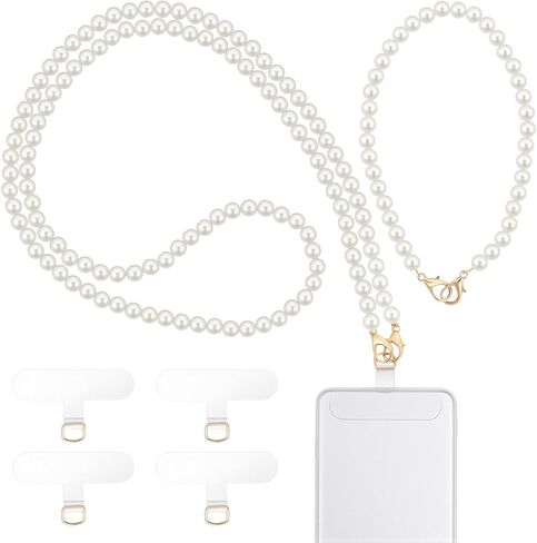 2 PCS Pearl Phone Strap, 2 Sizes White Beaded Pearl Phones Wrist Strap Elegant Universal Pearls Phones Lanyards with 4 Clear Phone Pad for Women Cellphone Id Badges Purses Decor in Saudi Arabia