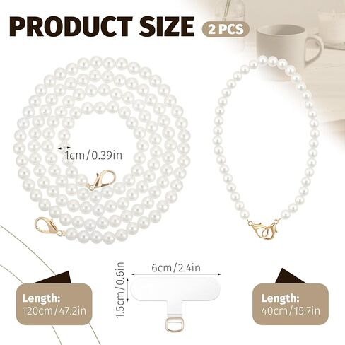 2 PCS Pearl Phone Strap, 2 Sizes White Beaded Pearl Phones Wrist Strap Elegant Universal Pearls Phones Lanyards with 4 Clear Phone Pad for Women Cellphone Id Badges Purses Decor in Saudi Arabia