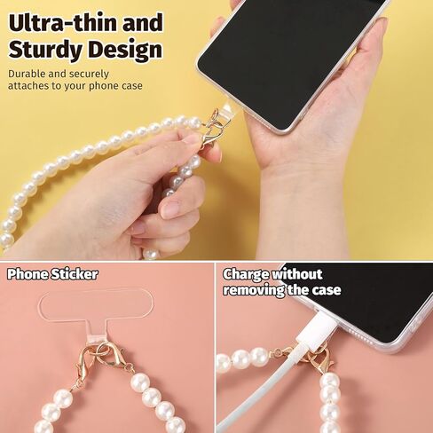 2 PCS Pearl Phone Strap, 2 Sizes White Beaded Pearl Phones Wrist Strap Elegant Universal Pearls Phones Lanyards with 4 Clear Phone Pad for Women Cellphone Id Badges Purses Decor in Saudi Arabia