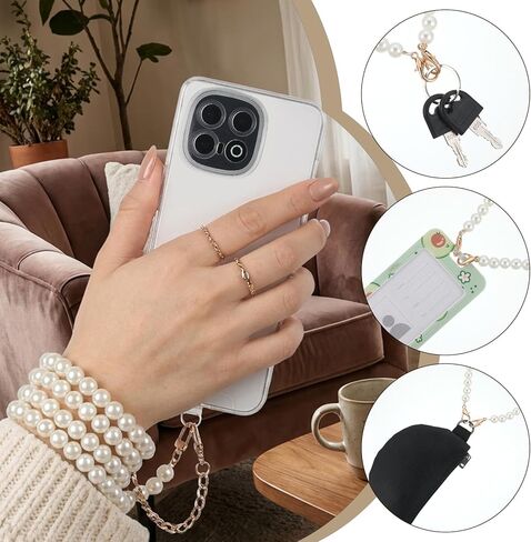 2 PCS Pearl Phone Strap, 2 Sizes White Beaded Pearl Phones Wrist Strap Elegant Universal Pearls Phones Lanyards with 4 Clear Phone Pad for Women Cellphone Id Badges Purses Decor in Saudi Arabia