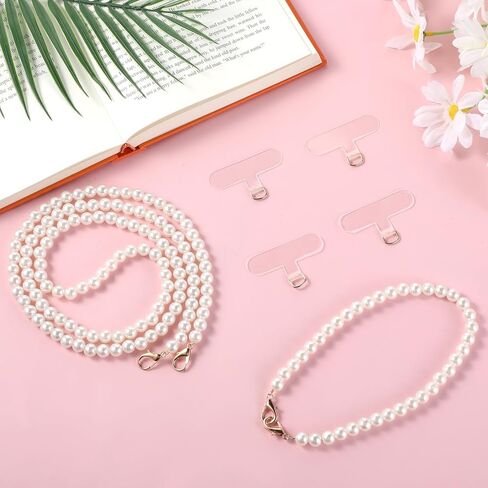 2 PCS Pearl Phone Strap, 2 Sizes White Beaded Pearl Phones Wrist Strap Elegant Universal Pearls Phones Lanyards with 4 Clear Phone Pad for Women Cellphone Id Badges Purses Decor in Saudi Arabia
