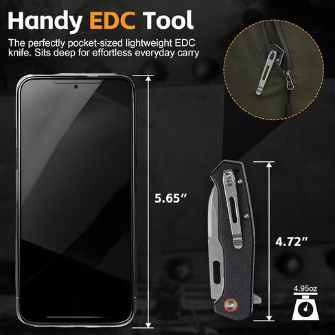 سكين جيب EDC، 3.6 بوصة D2 شفرة فولاذية G10 مقبض سكين قابل للطي مع مشبك جيب للرجال والنساء والتخييم والبقاء على قيد الحياة والمشي لمسافات طويلة في الهواء الطلق (أسود G10) in Kuwait