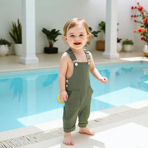 Baby Boys Girl Suspender Jumpsuit Loose Fit Solid Color Trousers with Pockets Toddler Adjustable Buckle Outfit in Kuwait