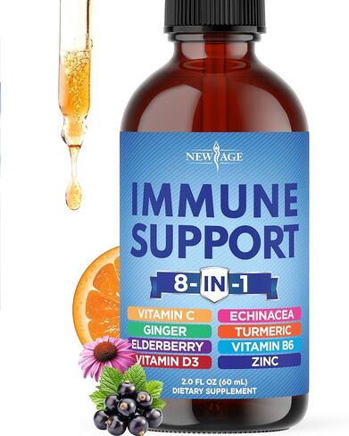 NEW AGE 8-in-1 Immune Support Liquid Drops – Elderberry, Turmeric Curcumin, Echinacea, Ginger, Vitamins C & D3, Zinc & B6 – Fast-Absorbing Immune & Antioxidant Support – Non-GMO – 8 oz in Saudi Arabia