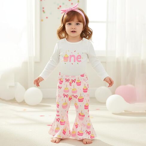 Suolongsama Baby Girl Birthday Outfit Long Sleeve One Print Knit Romper Cake Bow Flared Pants Headband Cake Smash Outfit in Saudi Arabia