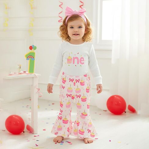 Suolongsama Baby Girl Birthday Outfit Long Sleeve One Print Knit Romper Cake Bow Flared Pants Headband Cake Smash Outfit in Saudi Arabia