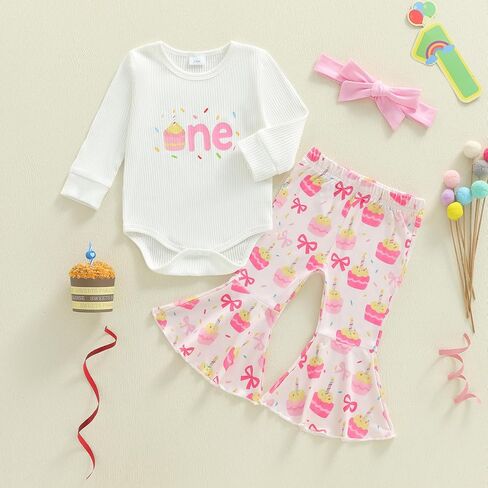 Suolongsama Baby Girl Birthday Outfit Long Sleeve One Print Knit Romper Cake Bow Flared Pants Headband Cake Smash Outfit in Saudi Arabia