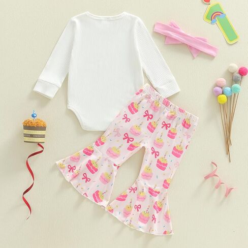 Suolongsama Baby Girl Birthday Outfit Long Sleeve One Print Knit Romper Cake Bow Flared Pants Headband Cake Smash Outfit in Saudi Arabia