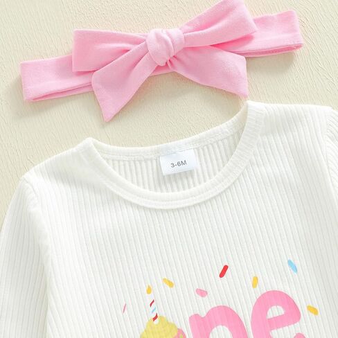 Suolongsama Baby Girl Birthday Outfit Long Sleeve One Print Knit Romper Cake Bow Flared Pants Headband Cake Smash Outfit in Saudi Arabia