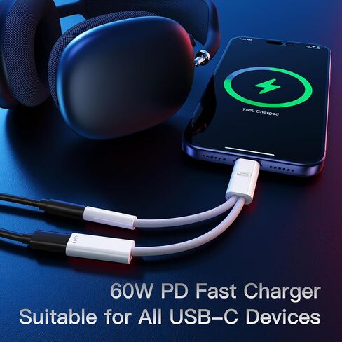 VUM 32 بت/384 كيلو هرتز Hi-Fi DAC & PD 60W شاحن USB-C إلى 3.5 ملم محول صوت مقبس سماعة الرأس، كابل Aux Audio Dongle مع شحن سريع من النوع C، موزع سماعة رأس 2 في 1 in Kuwait