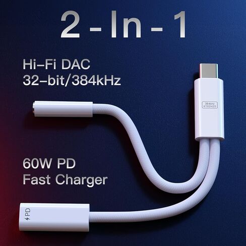 VUM 32 بت/384 كيلو هرتز Hi-Fi DAC & PD 60W شاحن USB-C إلى 3.5 ملم محول صوت مقبس سماعة الرأس، كابل Aux Audio Dongle مع شحن سريع من النوع C، موزع سماعة رأس 2 في 1 in Kuwait