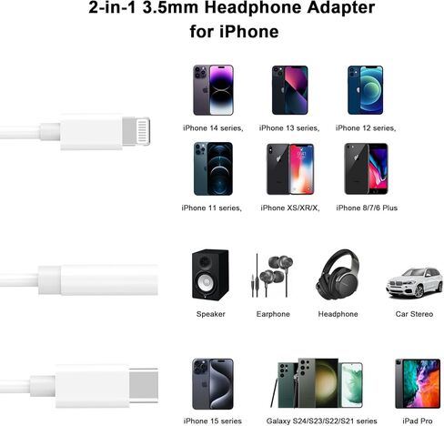 [معتمد من Apple MFi] محول سماعة الرأس iPhone 17 16 15 14، محول مقبس سماعة الرأس 2 في 1 Lightning/USB C إلى 3.5 مم، كابل صوت دونجل محول iPhone Aux لهاتف iPhone 17 16 15 14 13 12 11 in Kuwait